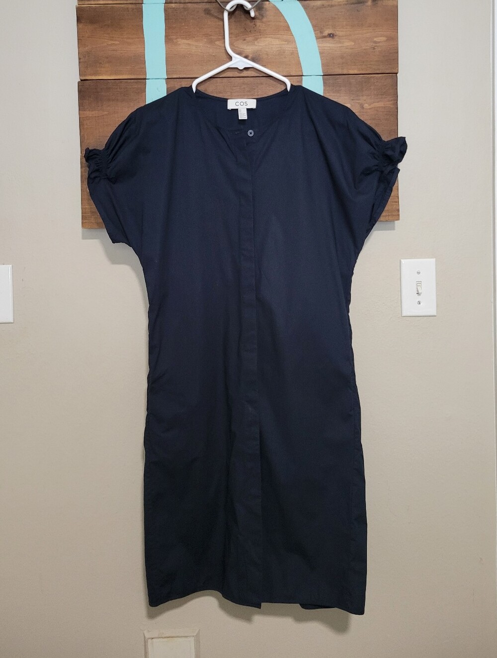 COS Navy Ruched cuff Sleeves Minimalist Scandinavian Midi Shirt Dress Size 4